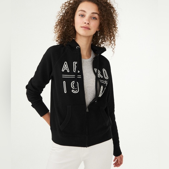 Aeropostale Tops - Y2K Aeropostale Aero 1987 NYC Full-Zip‎ Black Drawstring Hoodie Women Medium EUC